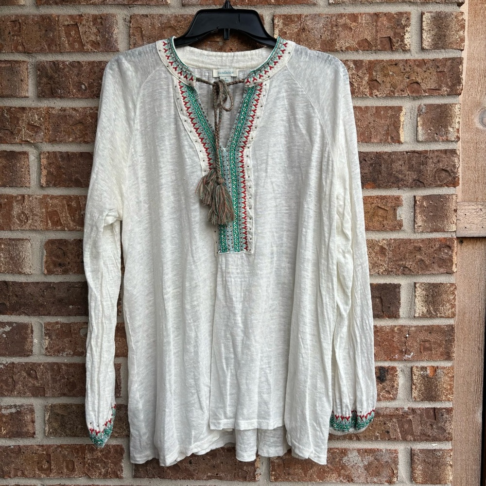 SUNDANCE  boho long sleeve a 100% linen peasant embroidered tassels top
